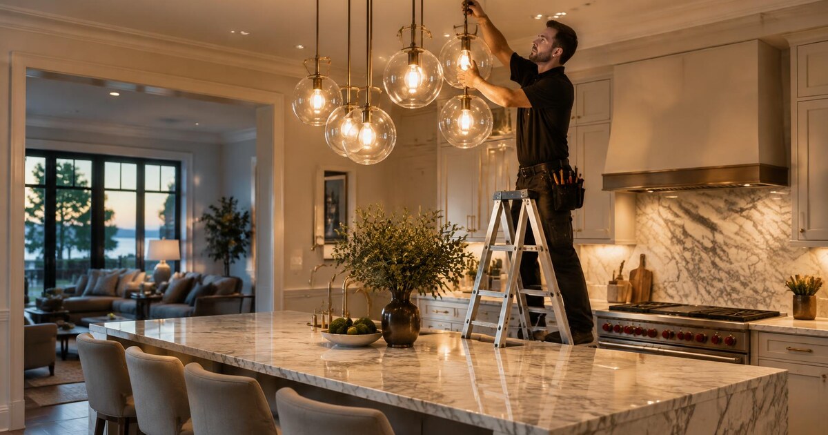 Electrician installing pendant lighting in a luxury kitchen